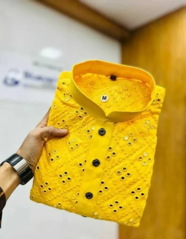 Men Printed Cotton Blend Straight Kurta  (Yellow)