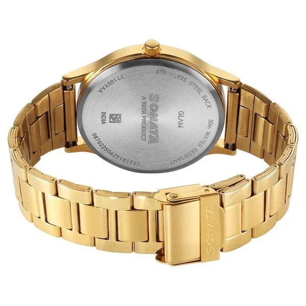 Sonata Traditional Essentials Quartz Analog Green Dial Golden Metal Strap Watch For Men - Image 2
