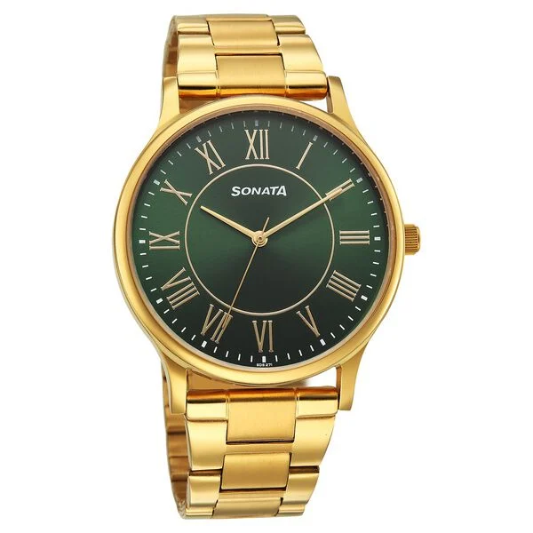 Sonata Traditional Essentials Quartz Analog Green Dial Golden Metal Strap Watch For Men